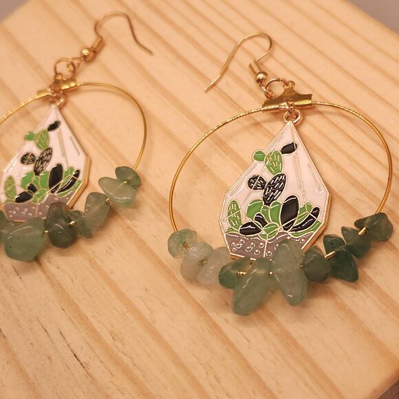 Golden Circle Earrings with Green Stone Beads and Succulent Terrarium Charm - Picture 2 of 3